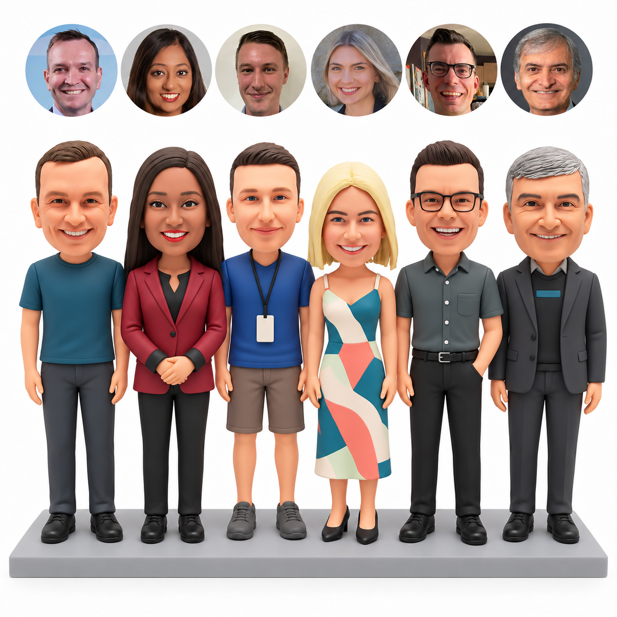 Six adults standing in a row on a shared base with clasped hands and a lanyard ID badge