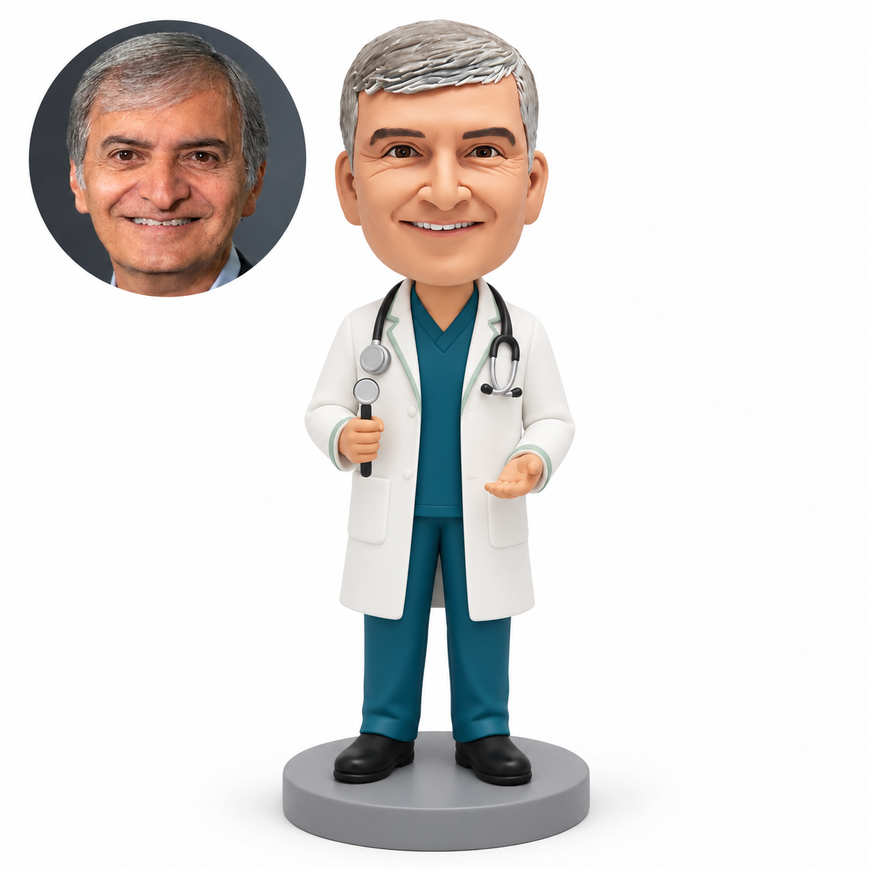 Custom clay male doctor holding a round-headed medical instrument in his right hand with an empty open left palm