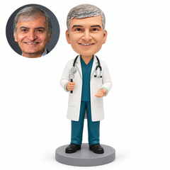 Custom clay male doctor holding a round-headed medical instrument in his right hand with an empty open left palm