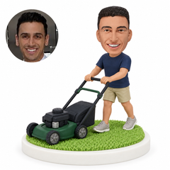 custom bobblehead figure male gardener pushing a lawn mower
