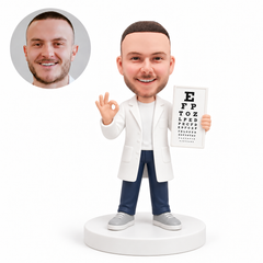 custom bobblehead figure male ophthalmologist holding an eye chart
