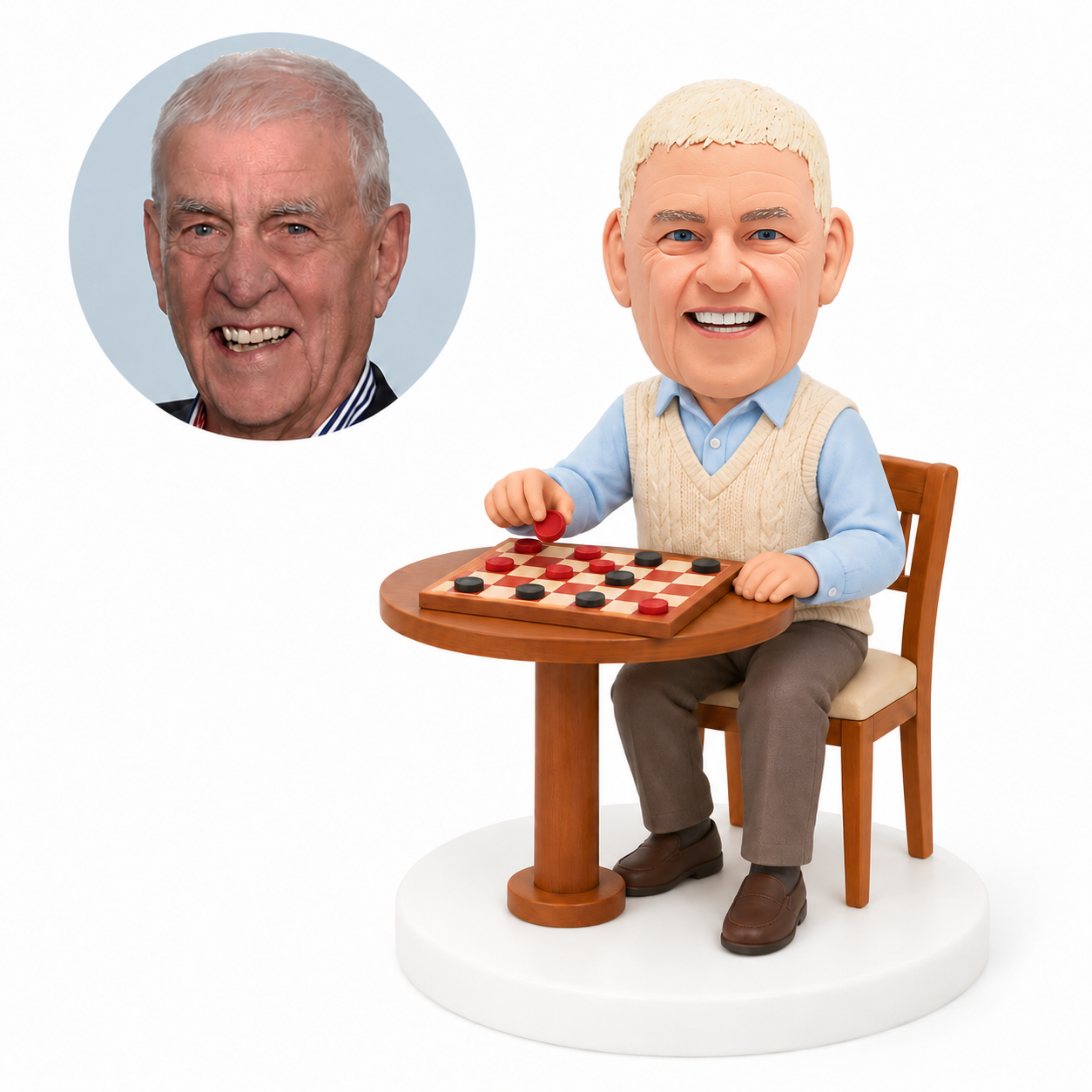 custom bobblehead figure older man playing checkers at a round table
