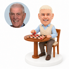custom bobblehead figure older man playing checkers at a round table