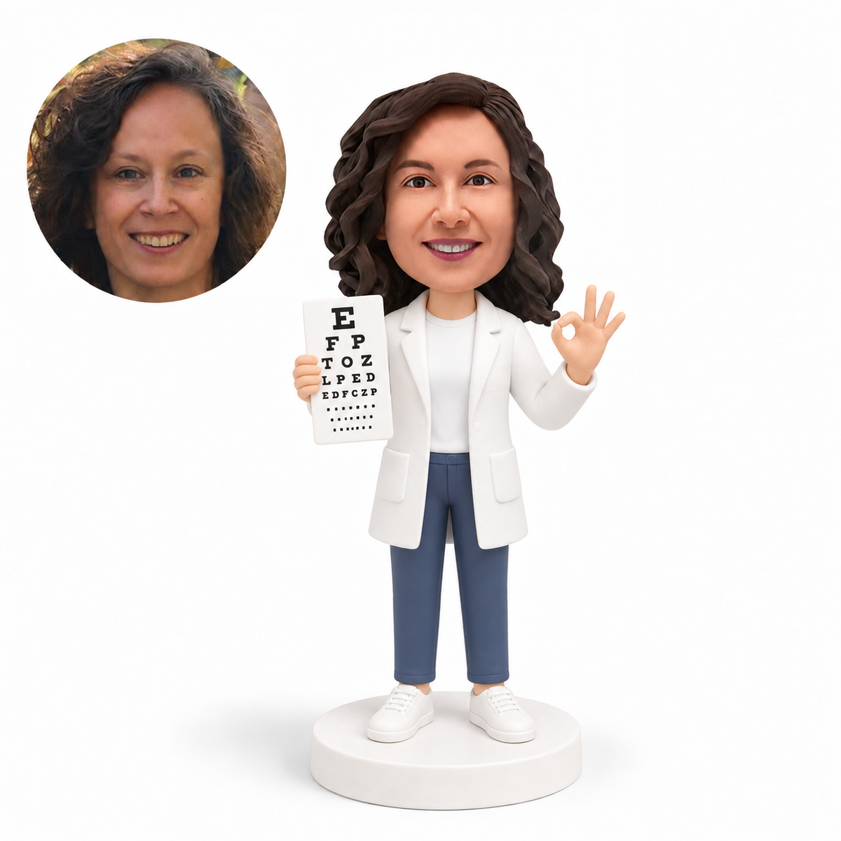 custom bobblehead figure female ophthalmologist holding an eye chart