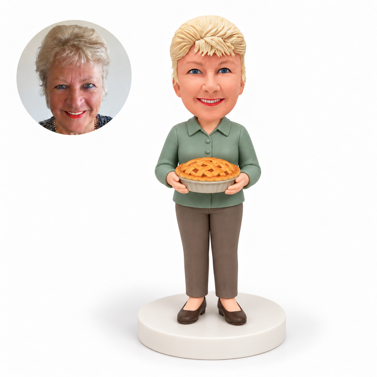 custom bobblehead figure older woman holding a homemade pie