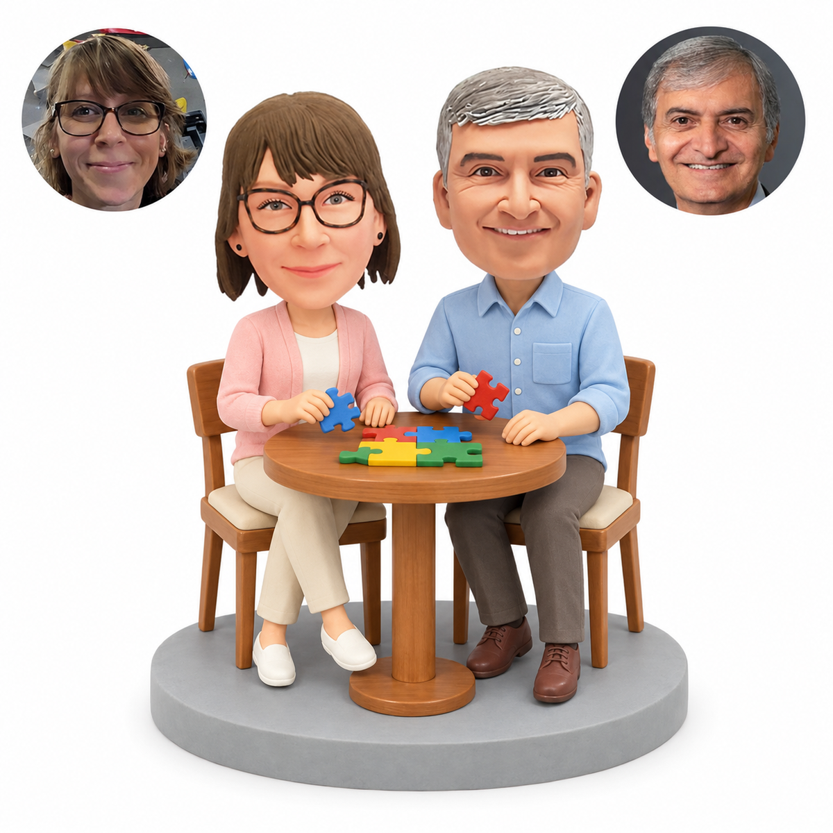 custom bobblehead figure couple assembling a jigsaw puzzle at a table