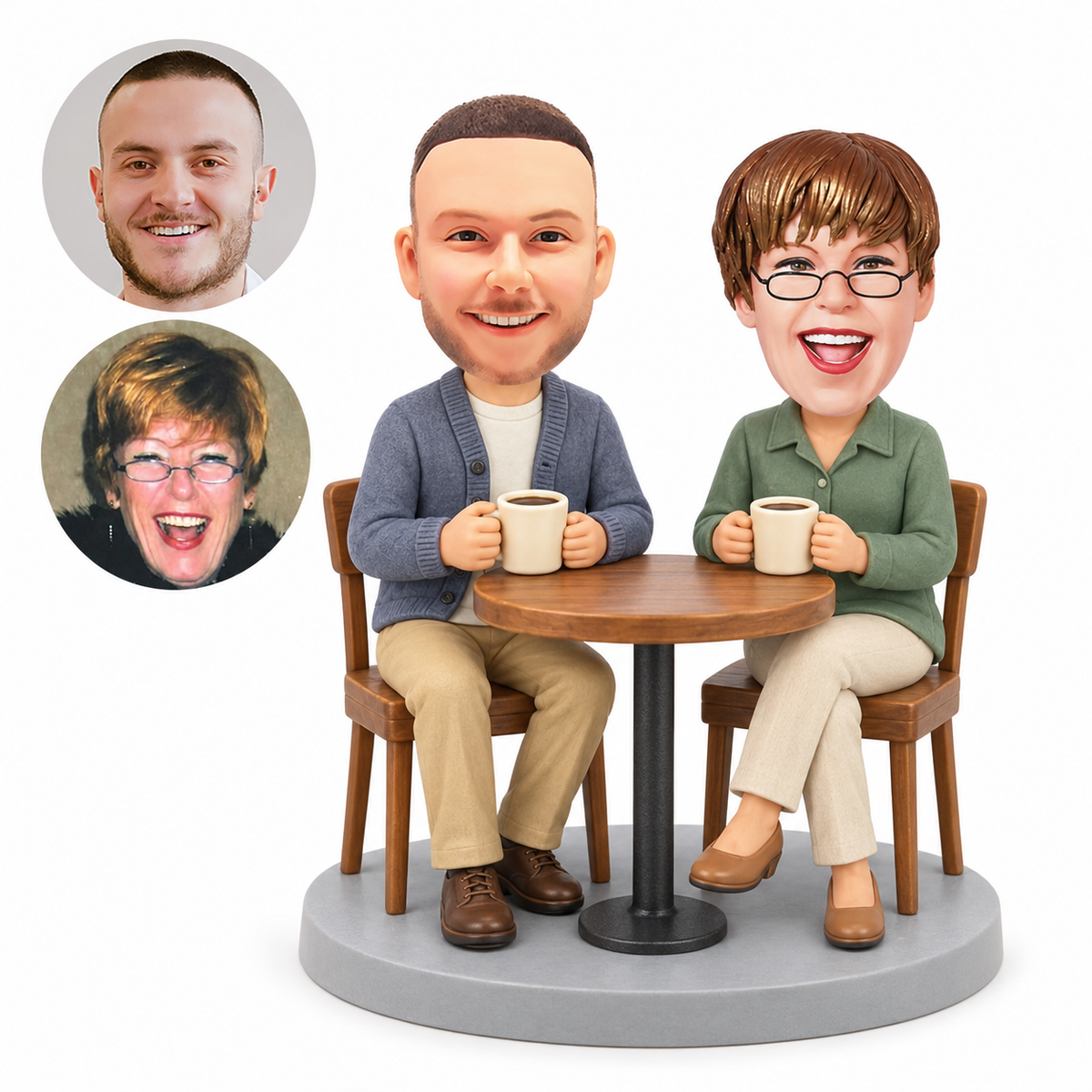 custom bobbleheads figures couple drinking coffee at a round table