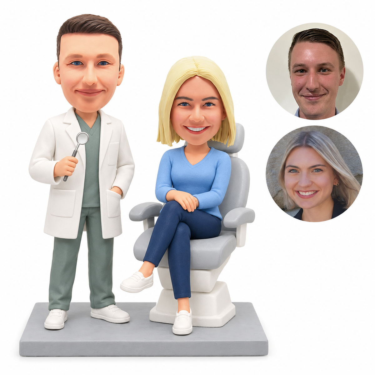 custom bobbleheads figures male dentist with a female patient in a dental chair