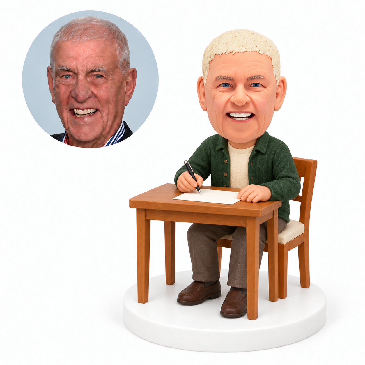 custom bobblehead figure older man writing at a wooden desk