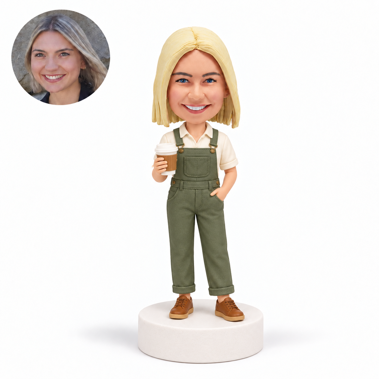 custom bobblehead figure woman in overalls holding a coffee cup