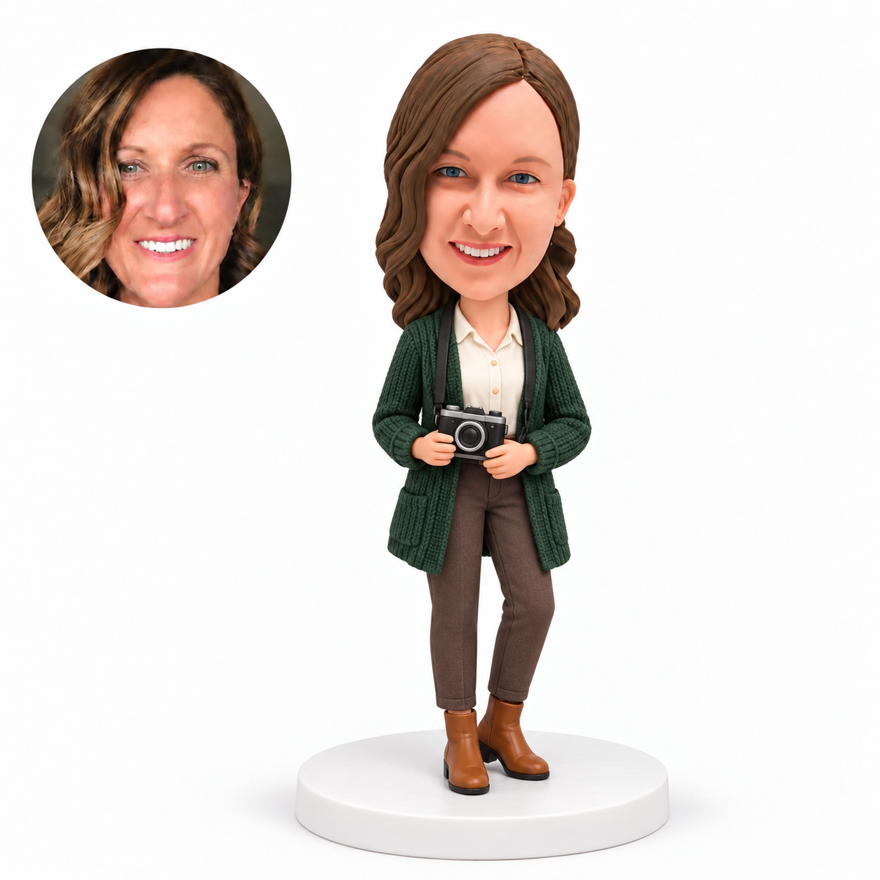 custom bobblehead figure female photographer in a coat holding a camera