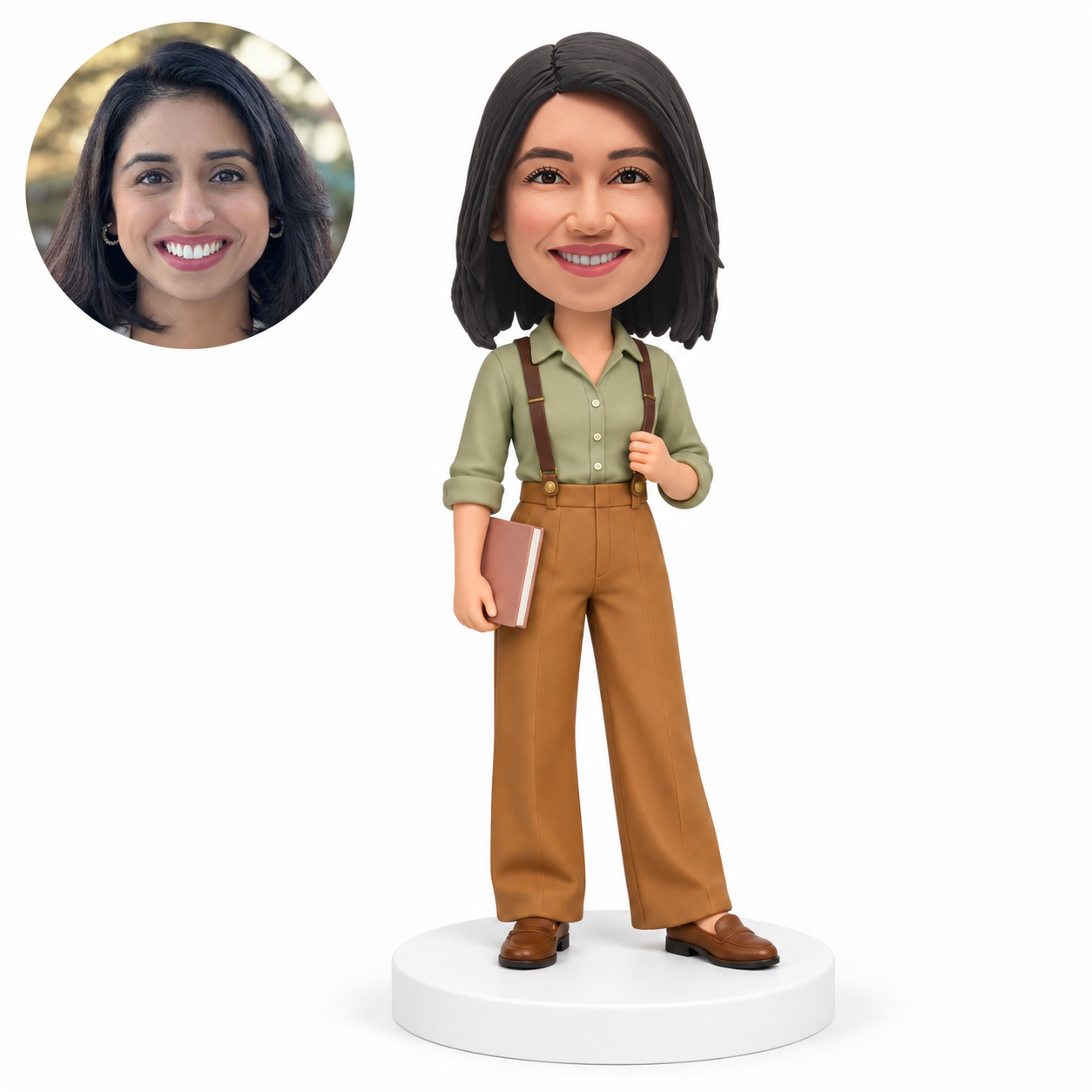 custom bobblehead figure woman in suspenders holding a book