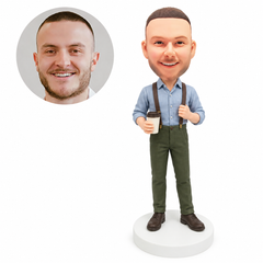 custom bobblehead figure man in suspenders holding a coffee cup