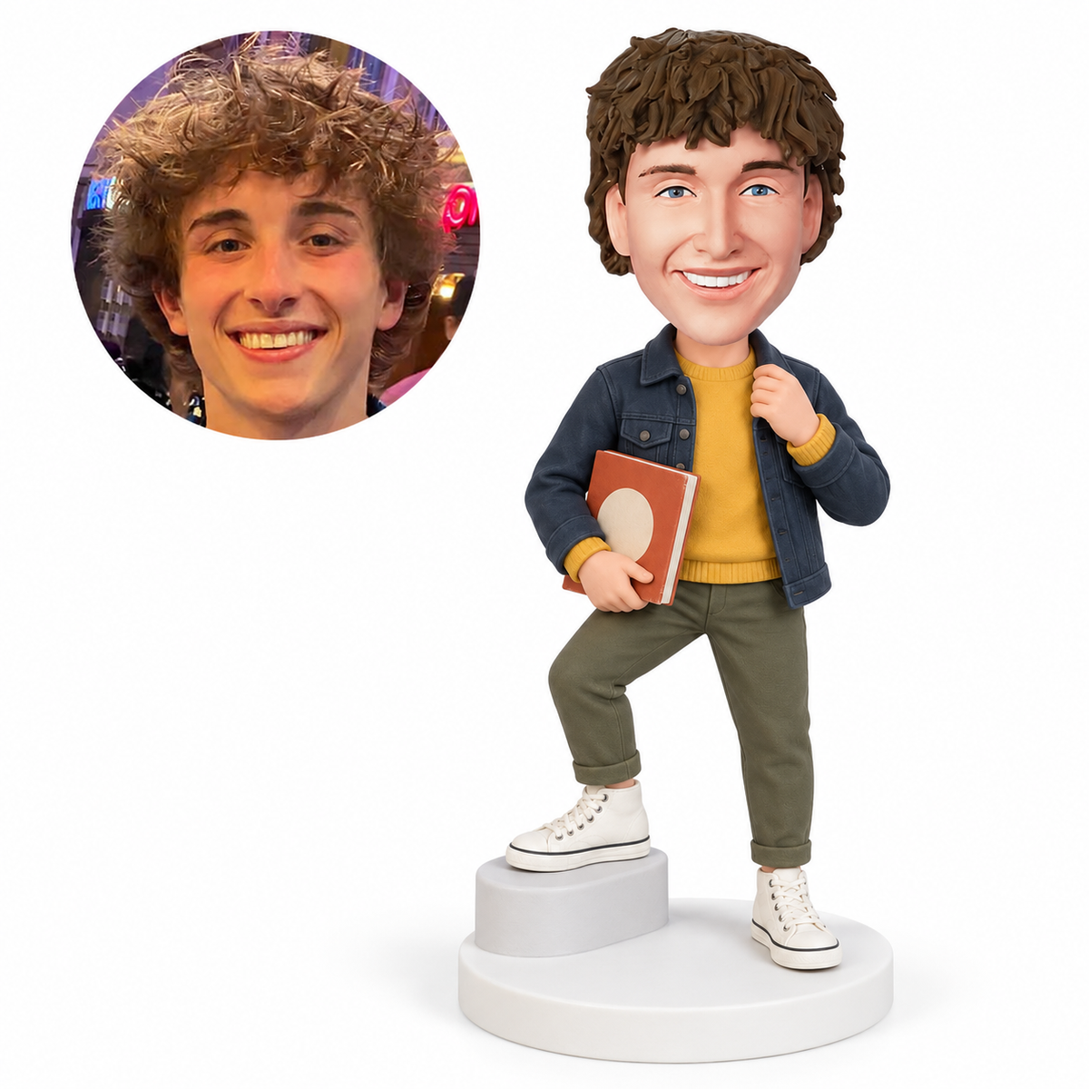 custom bobblehead figure man stepping up while holding a book