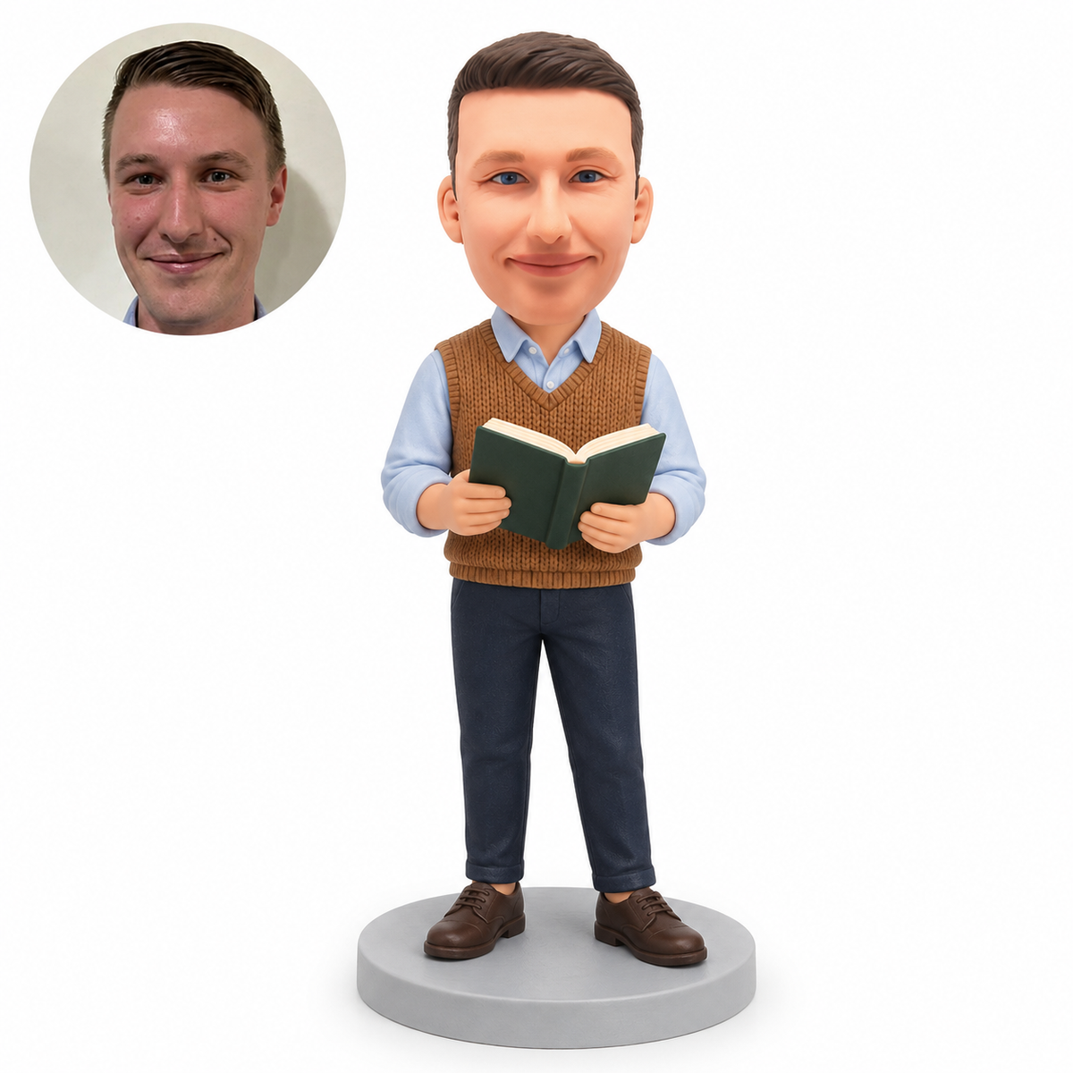 custom bobblehead figure man reading an open book in a sweater vest
