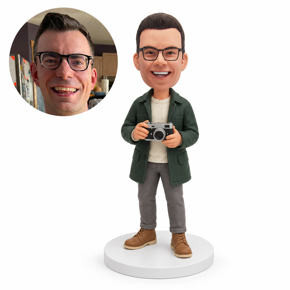 custom bobblehead figure male photographer in a long coat