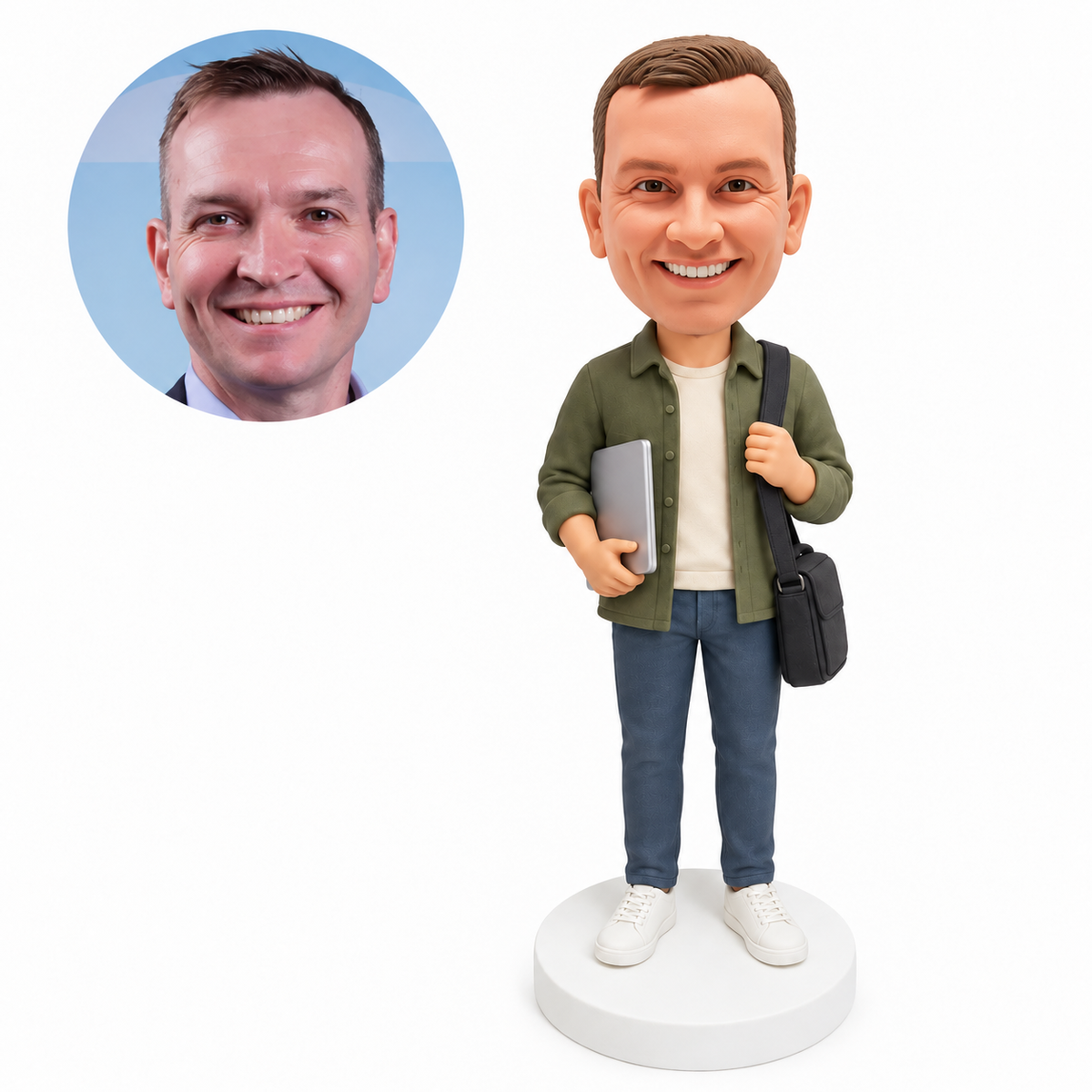 custom bobblehead figure man carrying a laptop and messenger bag