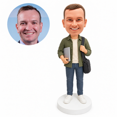 custom bobblehead figure man carrying a laptop and messenger bag