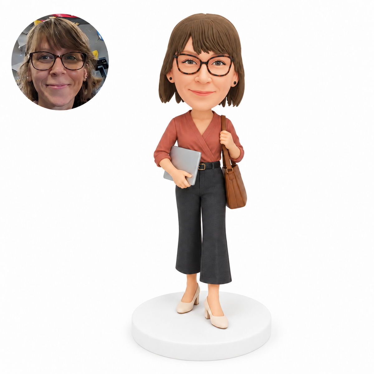custom bobblehead figure woman carrying a laptop and handbag
