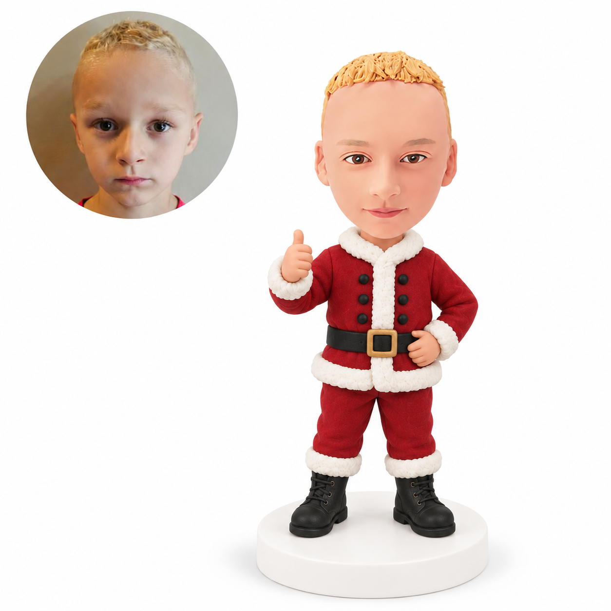 custom bobblehead figure boy in a Santa outfit giving a thumbs up
