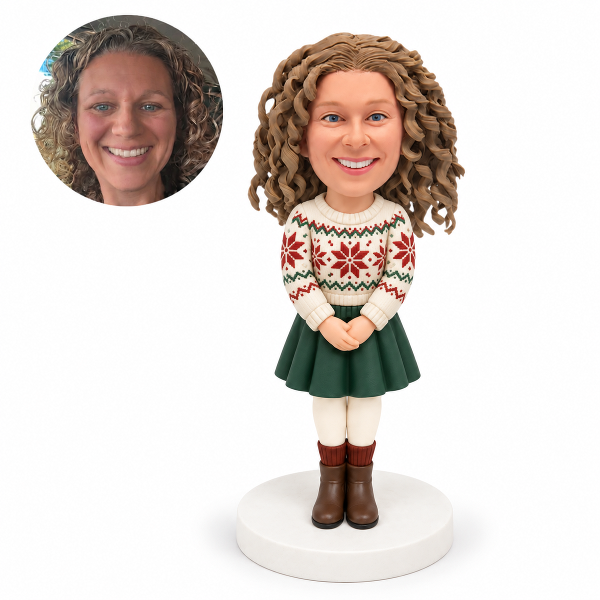 custom bobblehead figure woman in a Christmas sweater with clasped hands