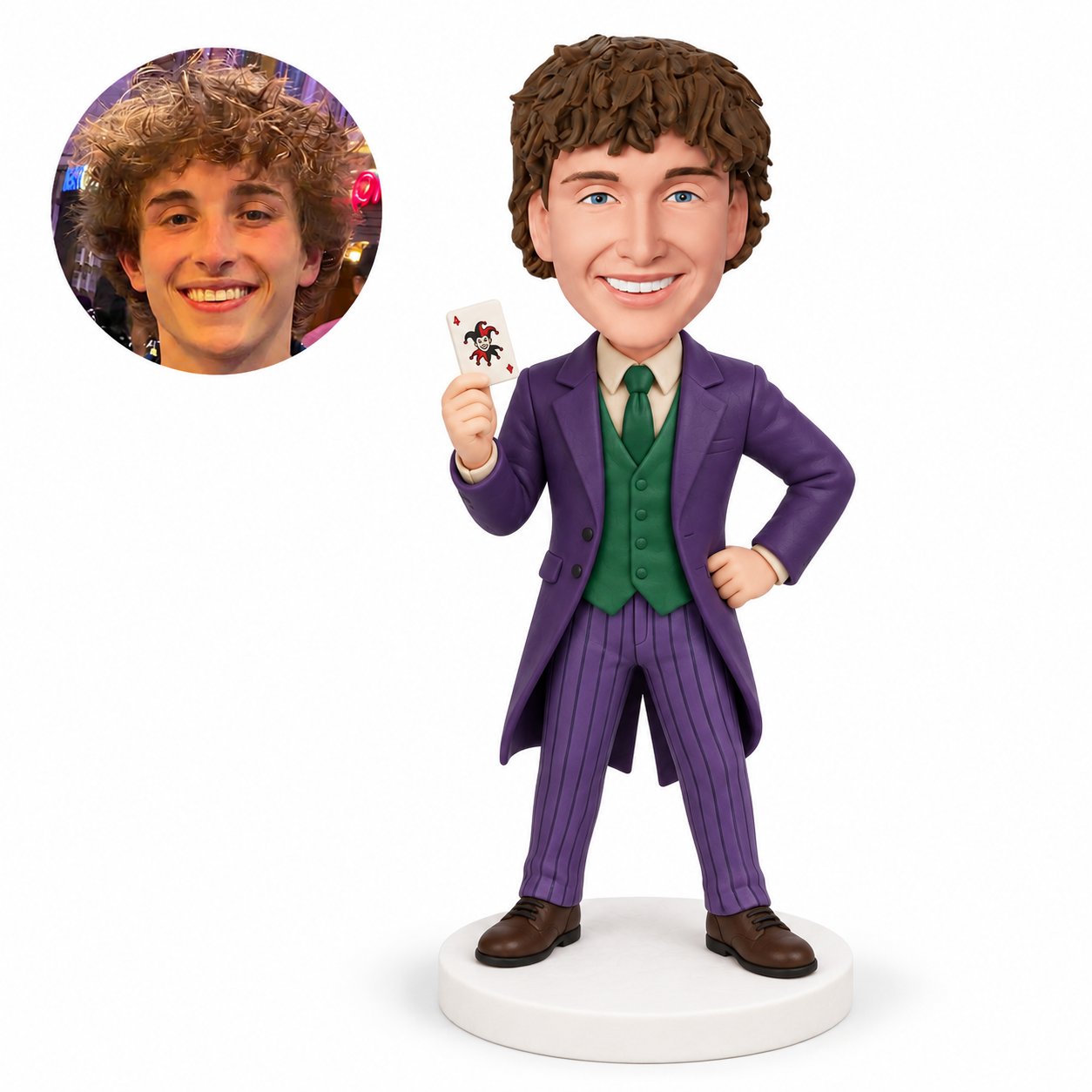 custom bobblehead figure man in a purple suit holding a playing card