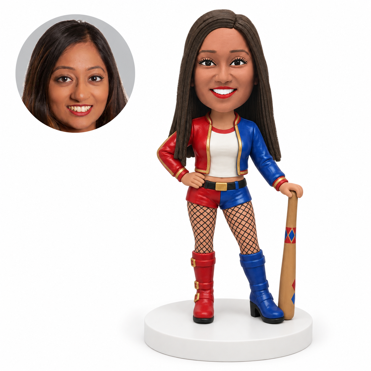 custom bobblehead figure woman in a two-tone jacket holding a baseball bat