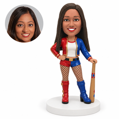 custom bobblehead figure woman in a two-tone jacket holding a baseball bat