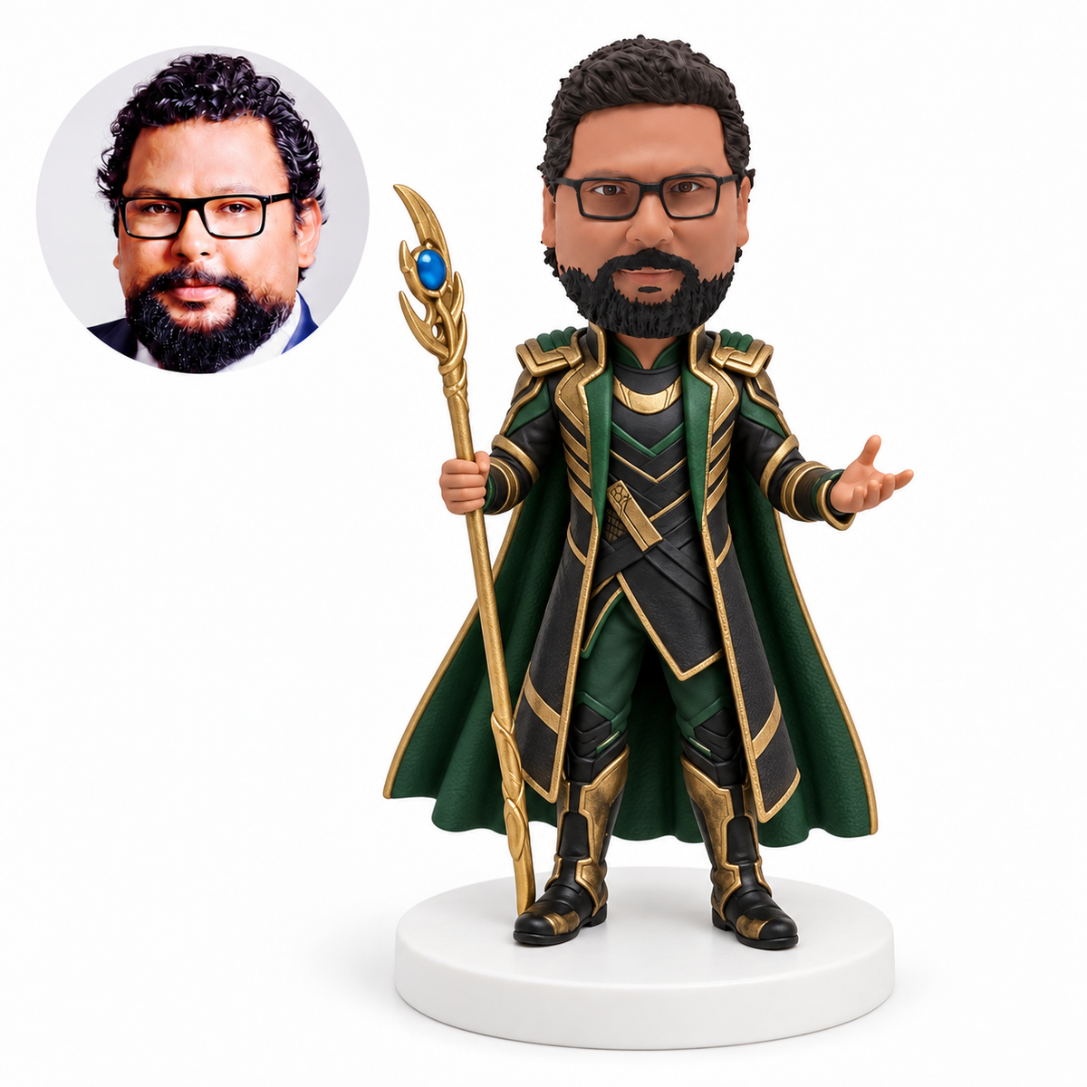 custom bobblehead figure man in green armor holding a staff