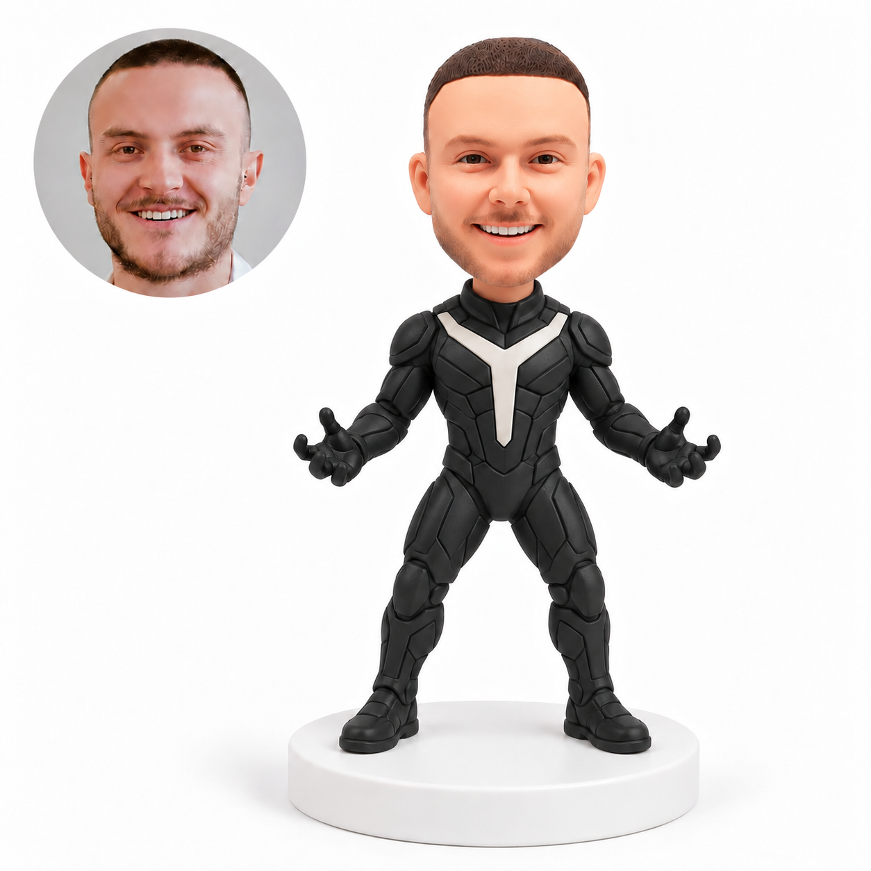 custom bobblehead figure man in black armor with open arms