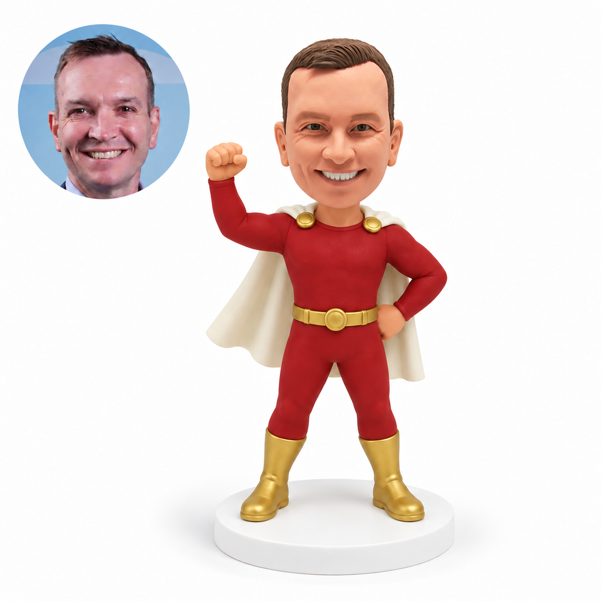 custom bobblehead figure man in a red hero suit raising a fist