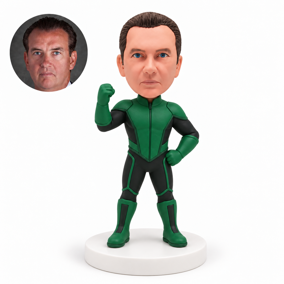 custom bobblehead figure man in a green hero suit raising a fist