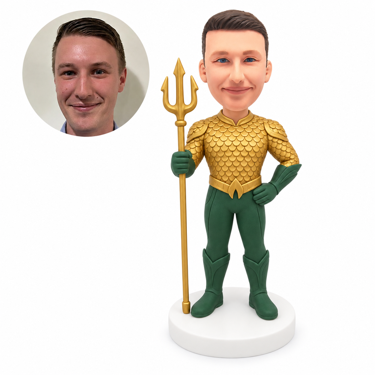 custom bobblehead figure man in gold armor holding a trident