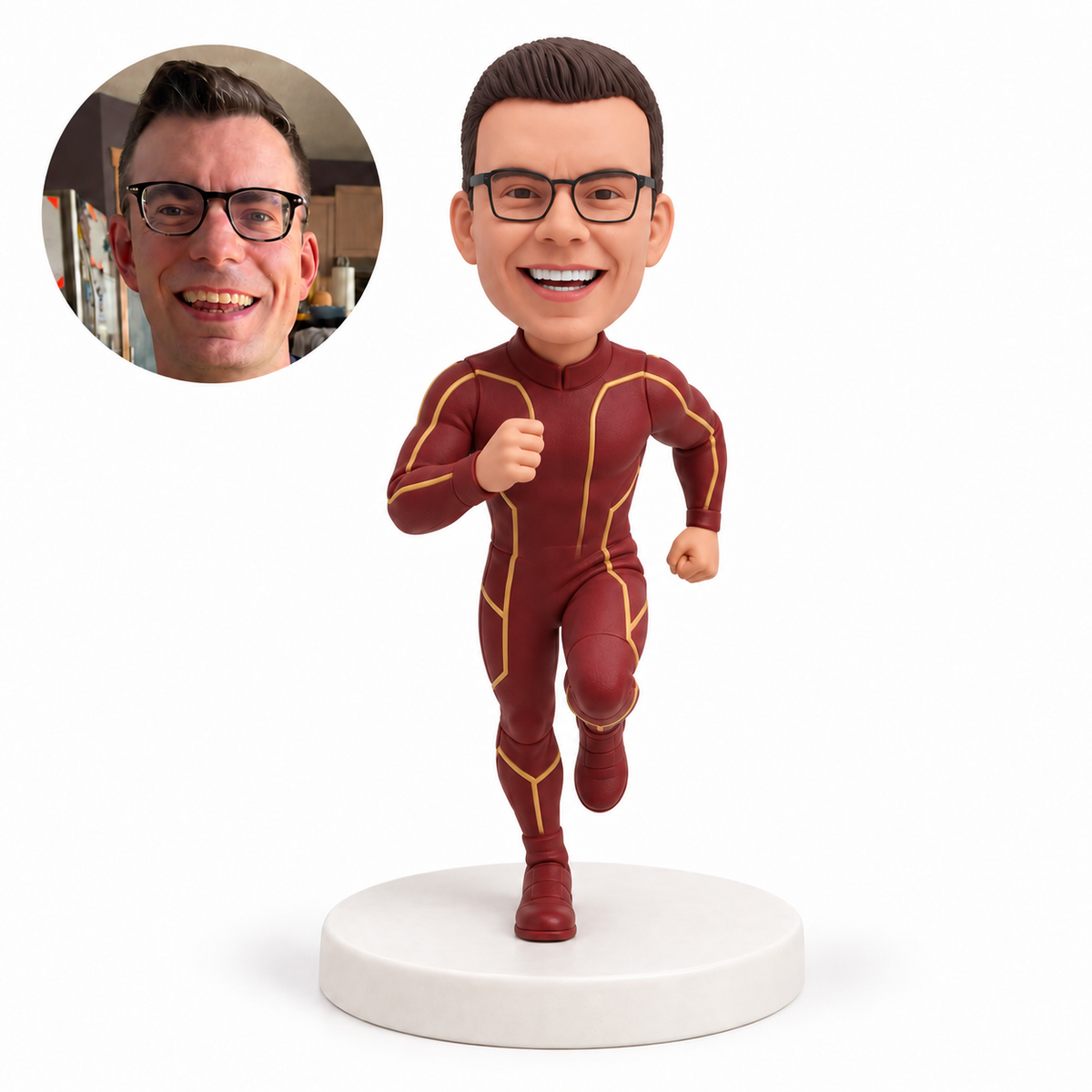 custom bobblehead figure man in a red speedster suit running