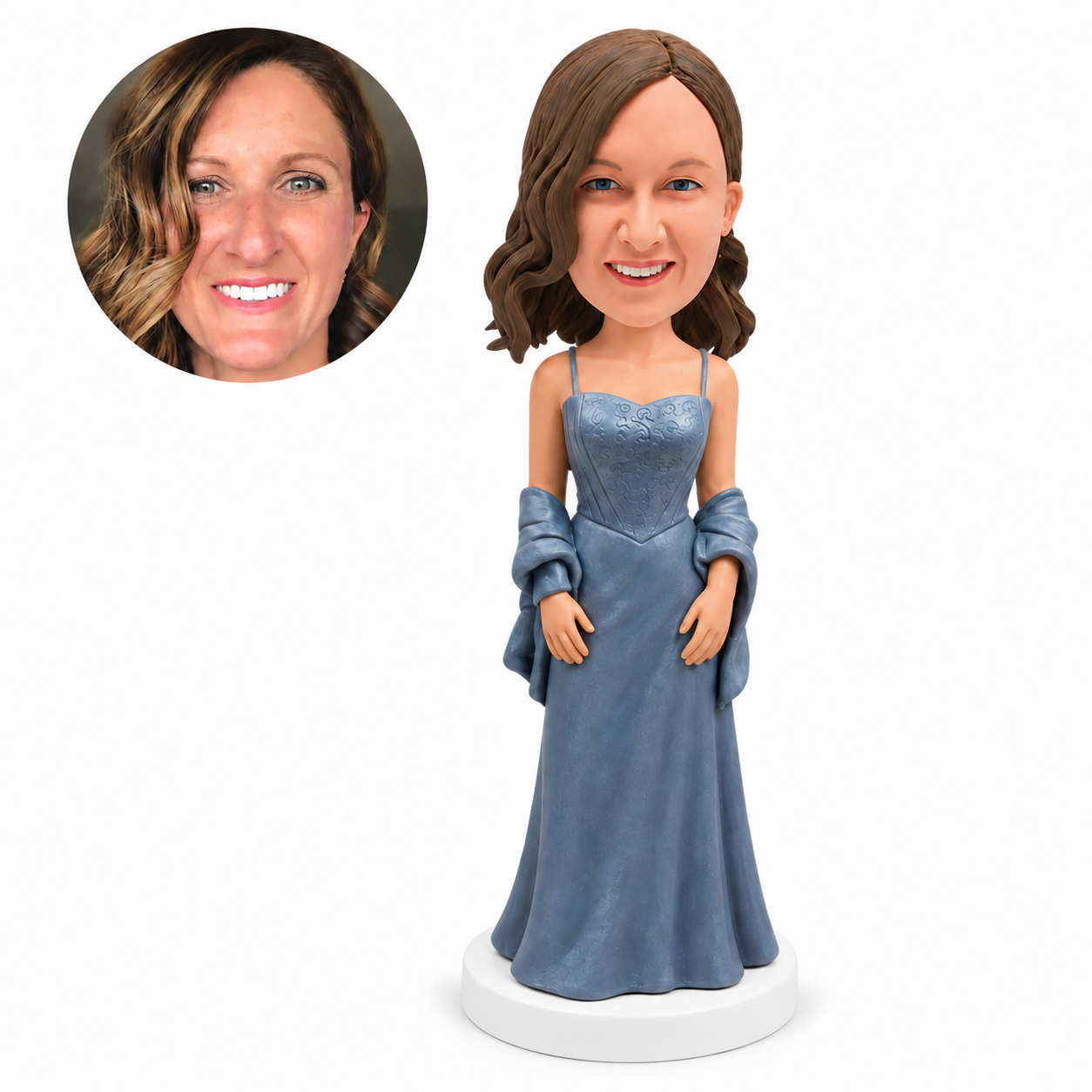 custom bobblehead figure woman in a blue gray gown with a shawl