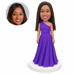 custom bobblehead figure woman in a purple one shoulder gown