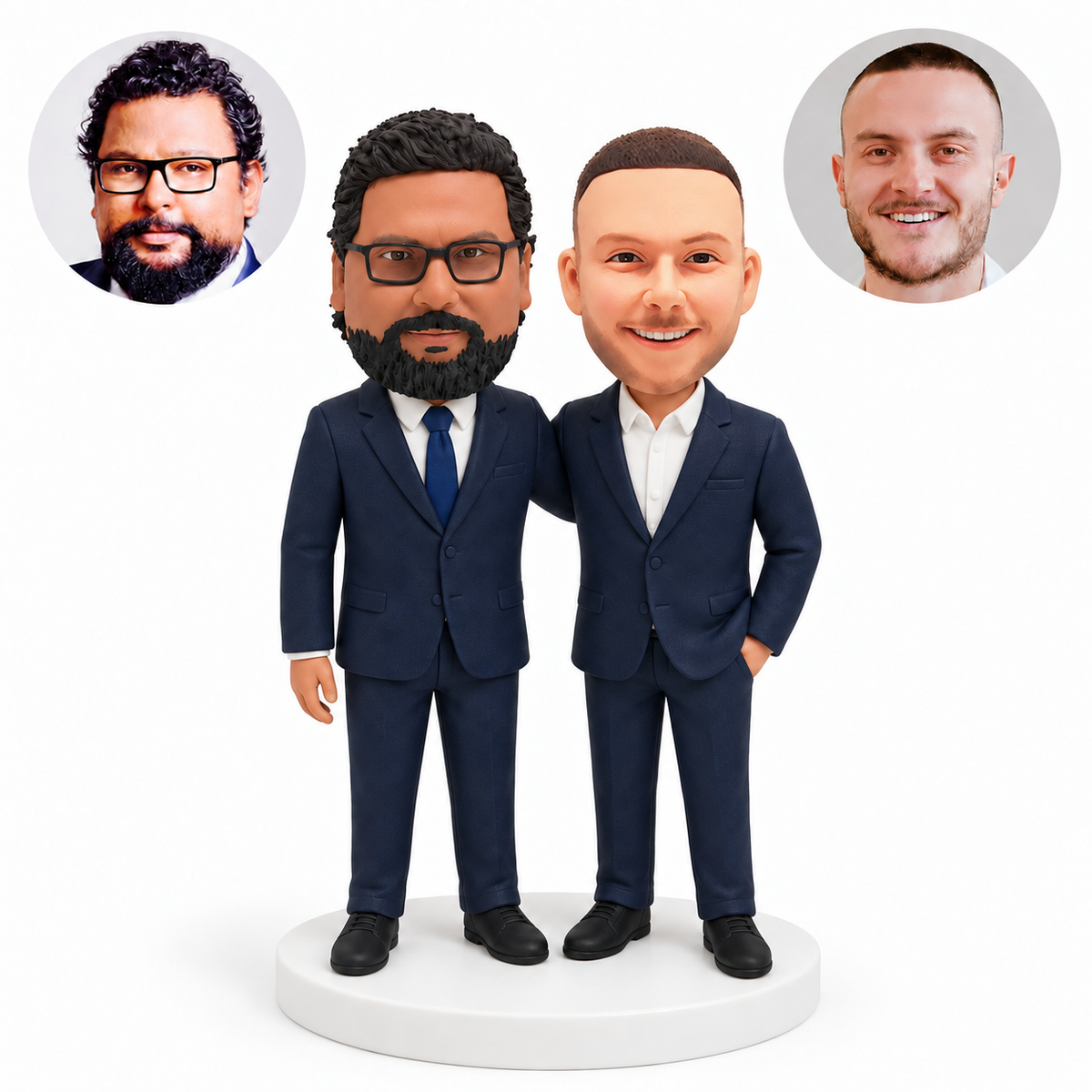 custom bobblehead figures two grooms with an arm around a shoulder