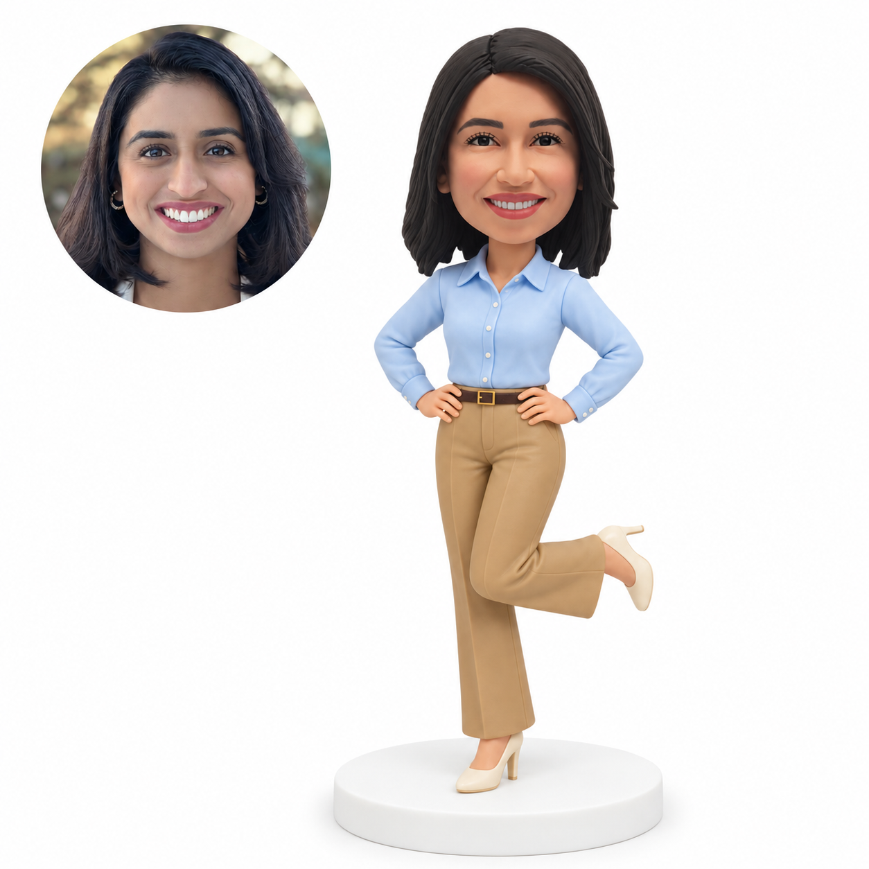 custom bobblehead figure businesswoman with hands on hips and a raised heel