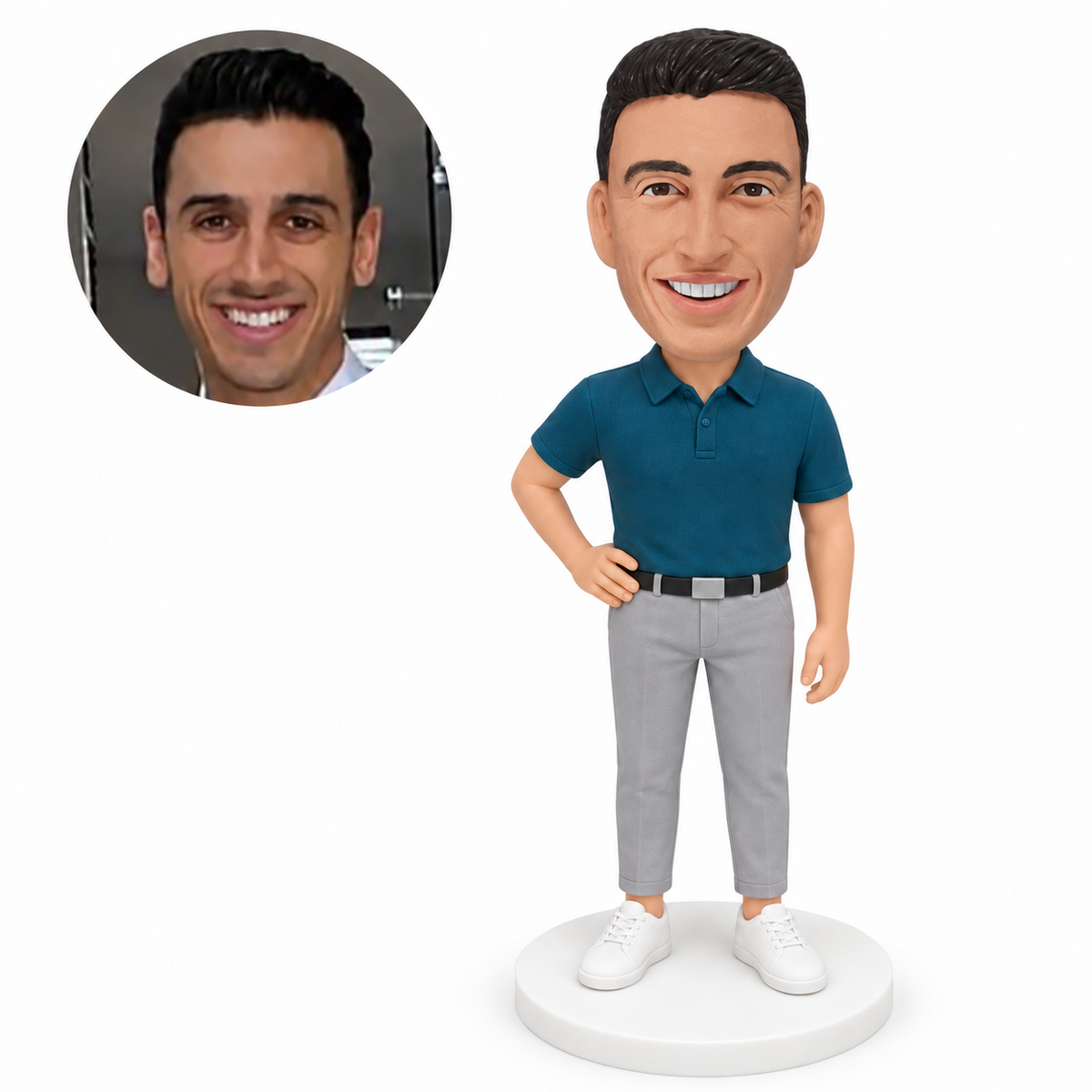 custom bobblehead figure businessman in a teal polo with a hand on hip