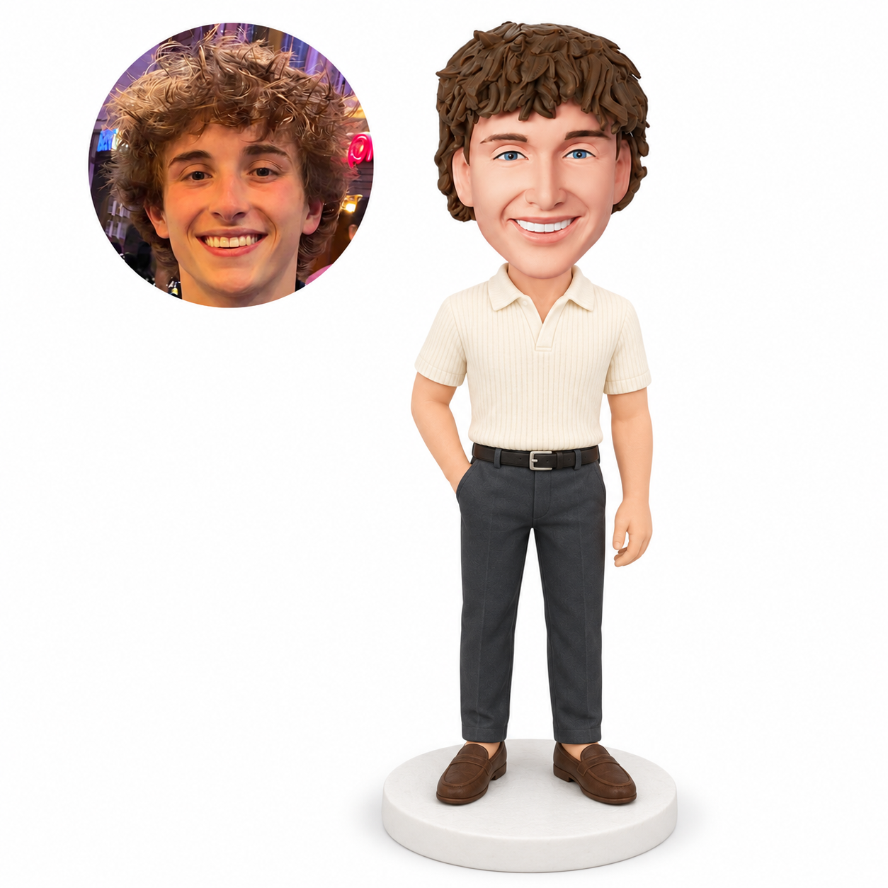 custom bobblehead figure businessman in a cream polo with a hand in a pocket