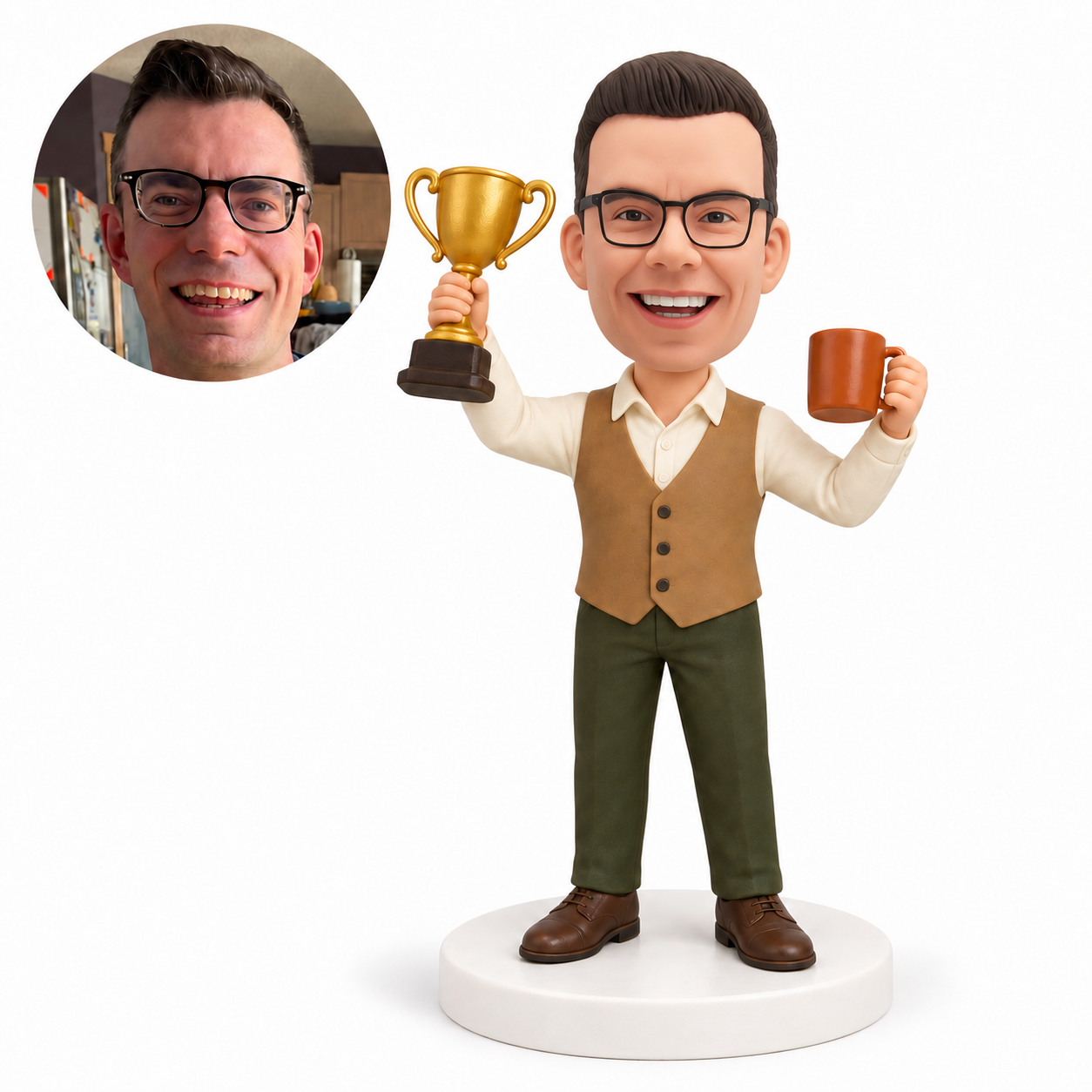 custom bobblehead figure man in a waistcoat holding a trophy and coffee mug