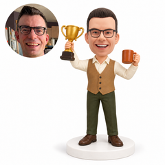 custom bobblehead figure man in a waistcoat holding a trophy and coffee mug