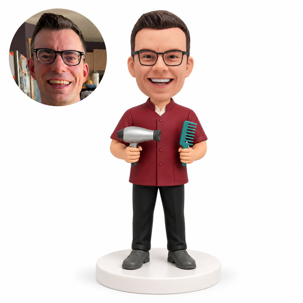 custom bobblehead figure barber holding a hair dryer and comb