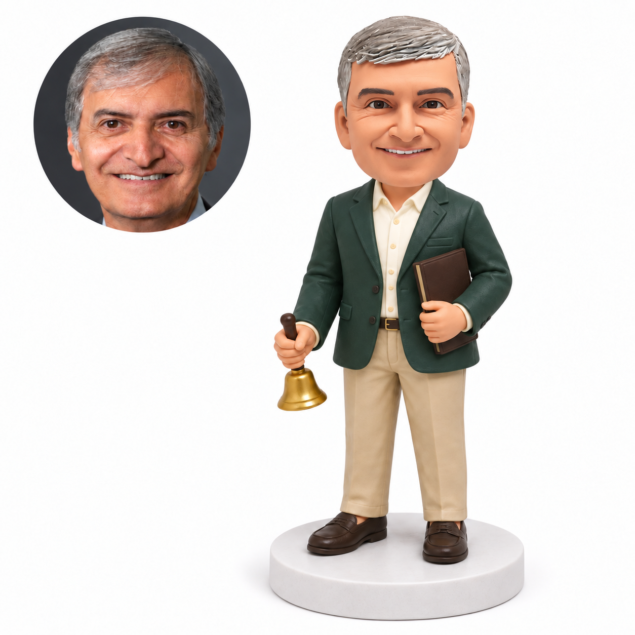 custom bobblehead figure principal holding a handbell and book