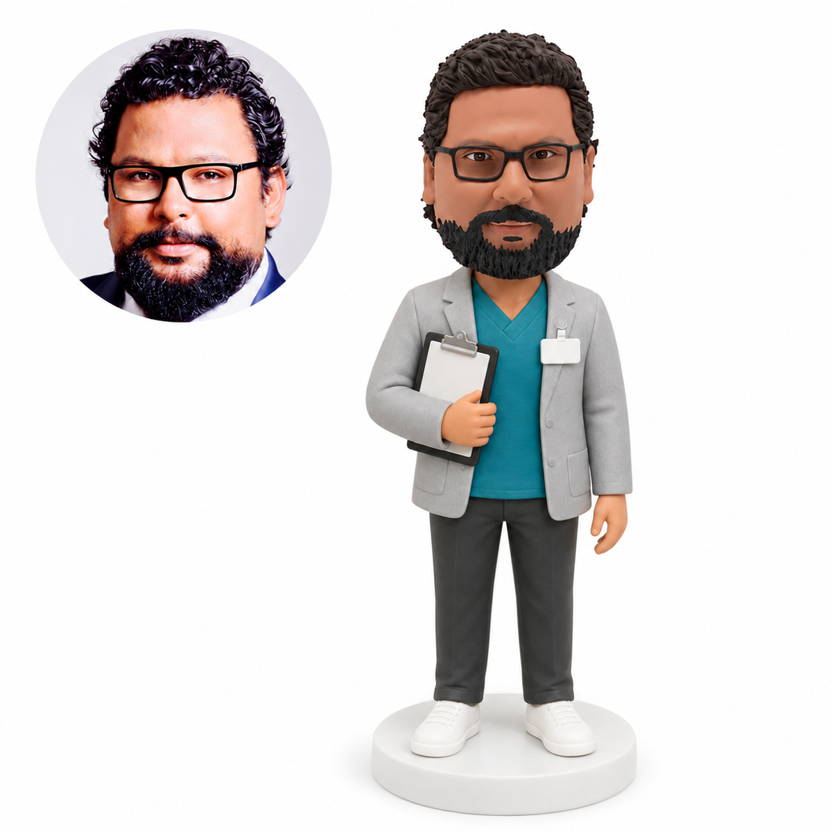 custom bobblehead figure healthcare manager holding a clipboard