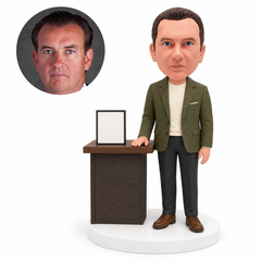 custom bobblehead figure businessman beside a display cabinet