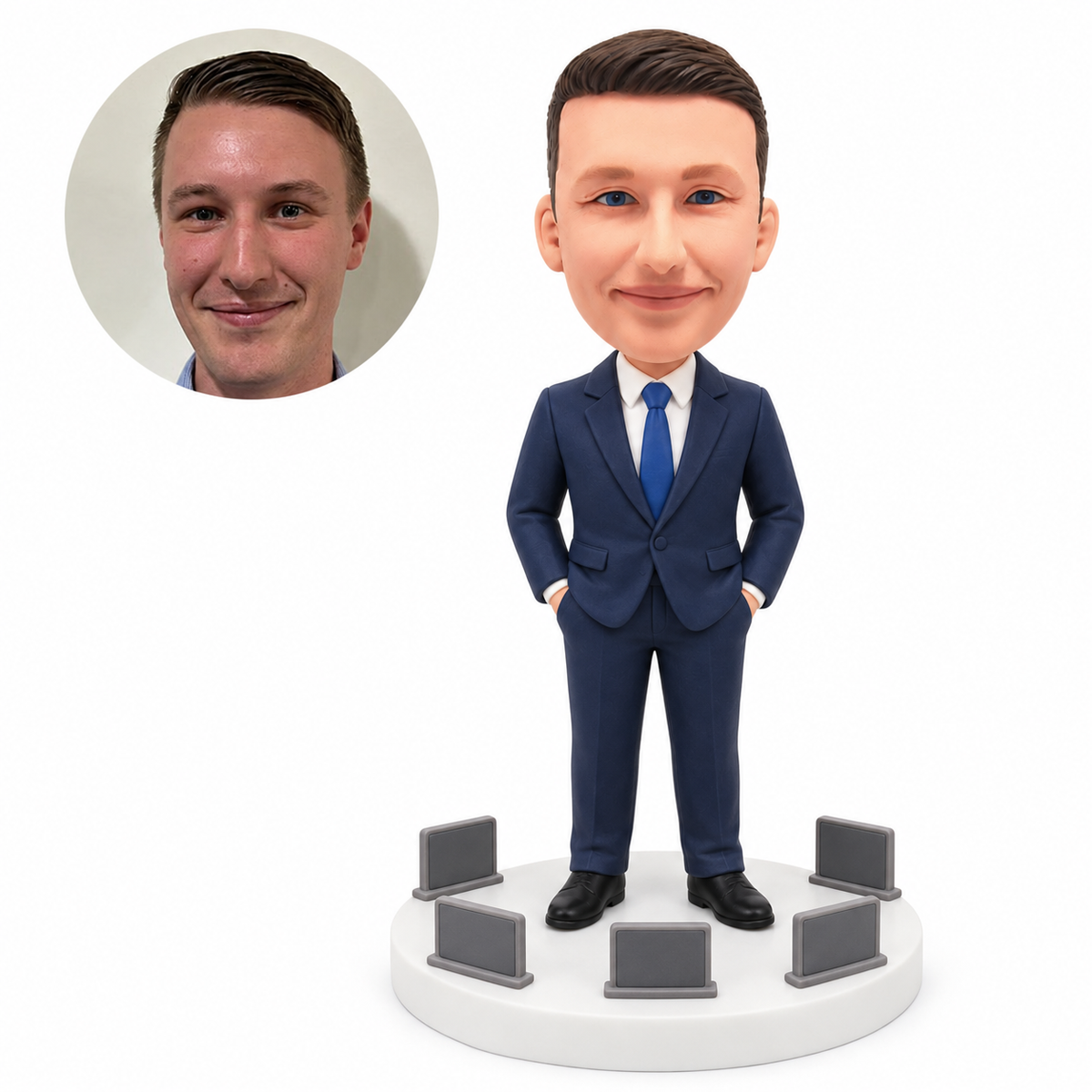 custom bobblehead figure businessman beside five message plaques