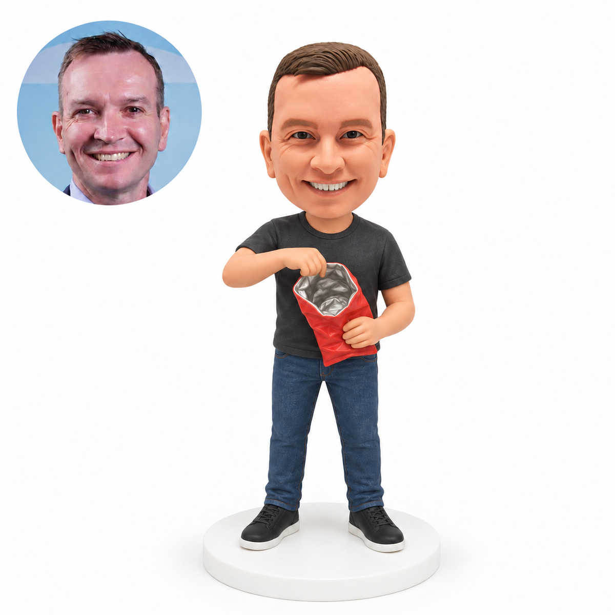 custom bobblehead figure man reaching into a snack bag
