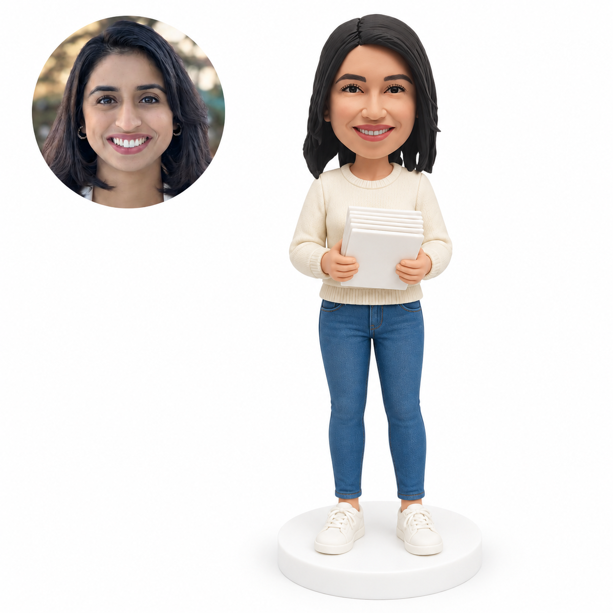custom bobblehead figure woman holding coupons