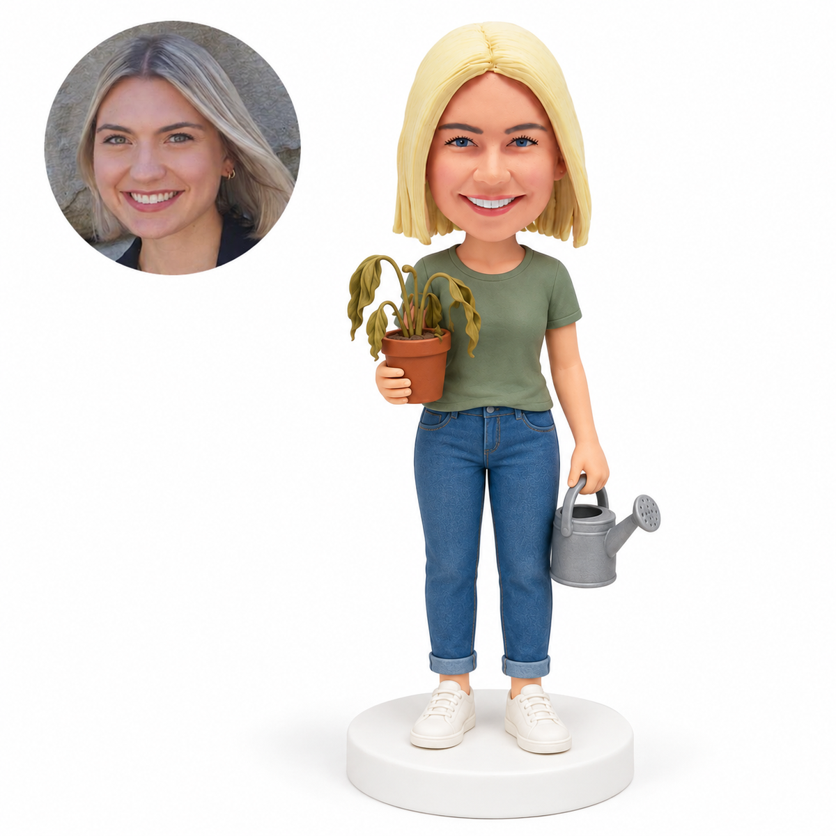 custom bobblehead figure woman holding a plant pot and watering can